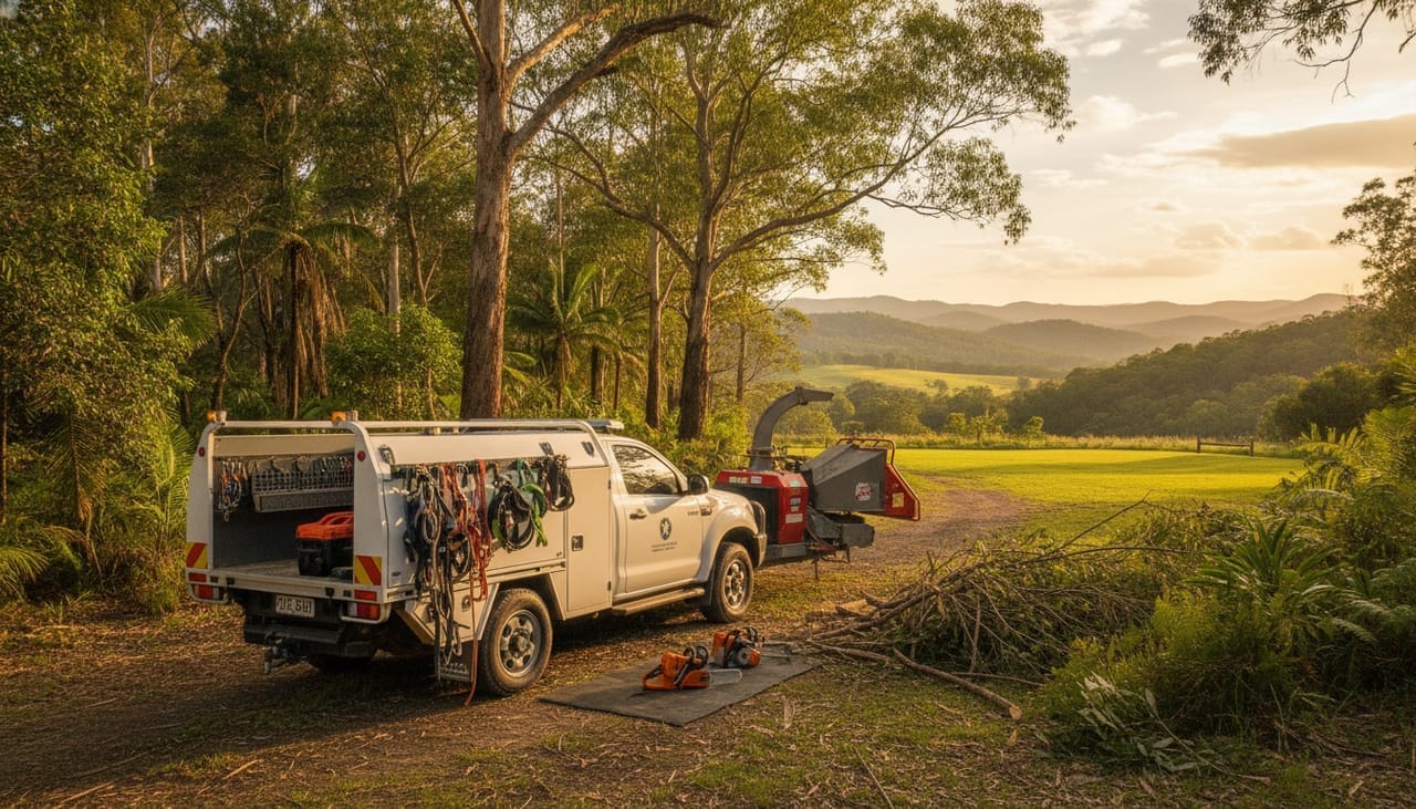 The Forest Arborist work truck and wood chipper on site in the The Forest